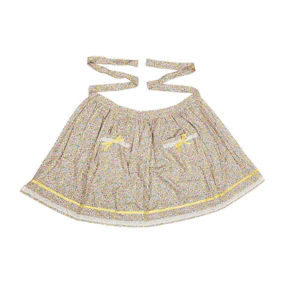 VINTAGE FLORAL WAIST APRON – HANDMADE – LACE TRIM – YELLOW RIBBON – CLEAN